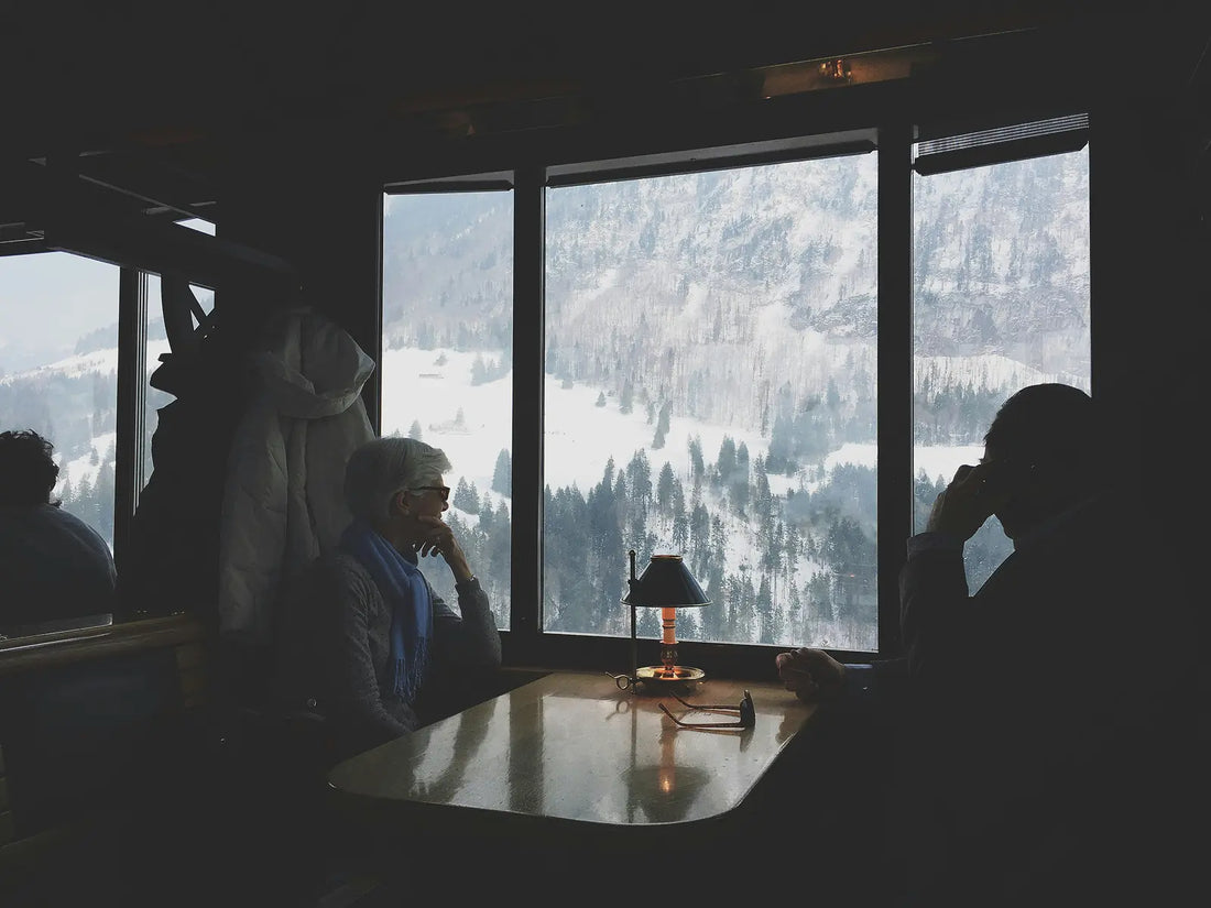 An elderly woman sitting indoors looking out at a snow-covered winter landscape — representing the months when people in the UK stay indoors and sunlight is too weak to produce Vitamin D