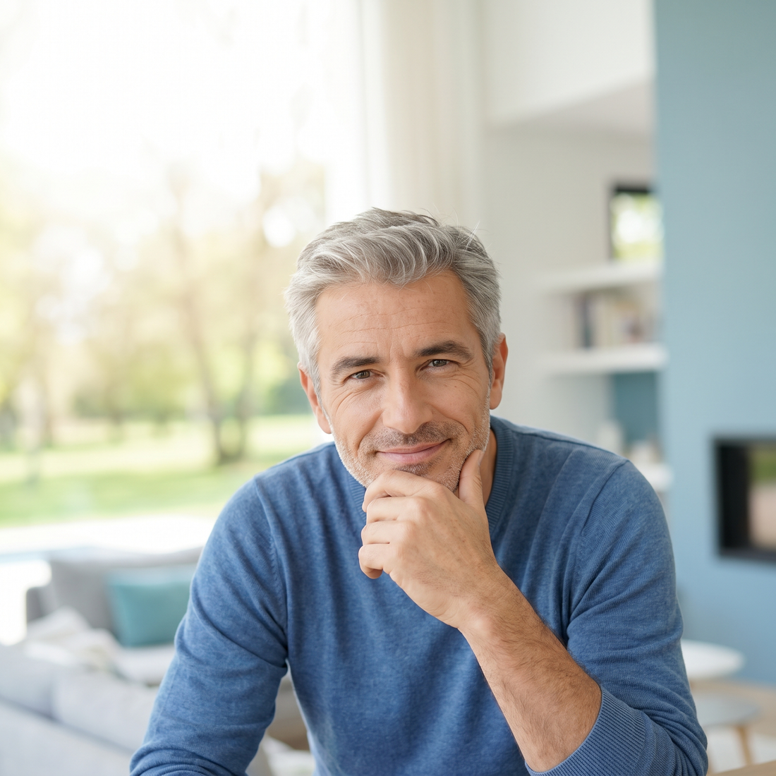 Smiling, healthy man in his late 50s with grey hair, looking confident and relaxed illustrating prostate health after 50.