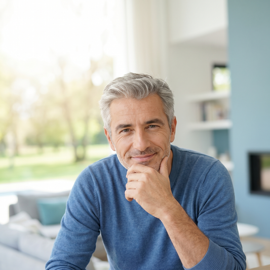 Smiling, healthy man in his late 50s with grey hair, looking confident and relaxed illustrating prostate health after 50.