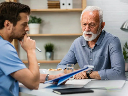 An older man reviewing medical reports with his doctor at a consultation — representing the importance of seeking medical advice when experiencing urinary symptoms that could indicate BPH or prostate cancer